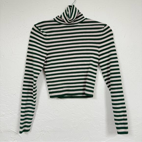 Zara Green & Pink Striped Cropped Long Sleeve Turtleneck Sweater Womens L Ribbed - Picture 1 of 7